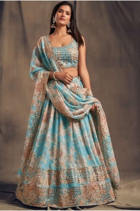 Organza Party Lehenga Choli in Sky blue with Printed LC4519