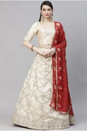 Embroidered Art silk Party Lehenga Choli in Beige with Dupatta LC4567