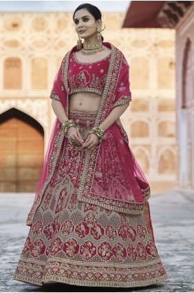 Heavy Embroidery With Hand Work Velvet Pink Wedding Lehenga Choli Soft Net Dupatta LC4356