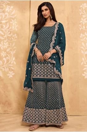 Faux Georgette Sharara Suit in Rama with Heavy Designer Embroidery Work SS0597