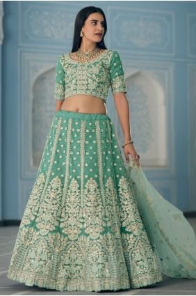 Jari Embroidery,Zarkan Organza Wedding Lehenga Choli in Turquiose with Soft Net Dupatta LC4427