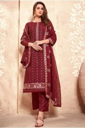 Rust Heavy Designer Embroidery Work,Hand Work salwar kameez in Georgette SK14173