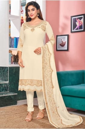 Faux Georgette White salwar kameez in Heavy Designer Embroidery,Stone Work SK14207