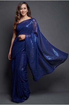 Embroidered Georgette Saree in Blue with Blouse SR20492