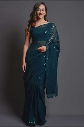 Georgette Saree in Teal blue with Embroidered SR20494