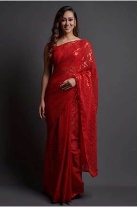 Saree Georgette with Embroidered in Red SR20495