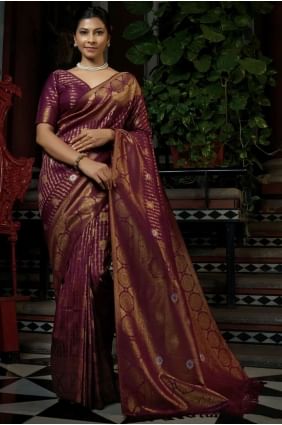 Weaving Raw silk Wine South Indian Saree with Blouse SR20554