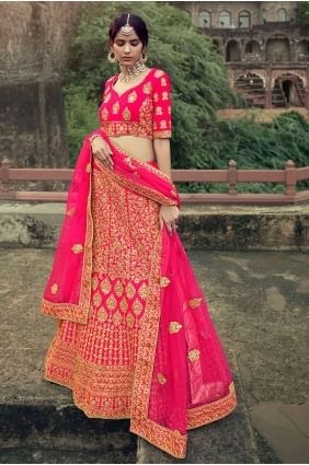 Pink Embroidered Satin Wedding Lehenga Choli LC4611