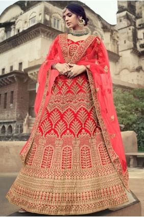 Embroidered Satin Wedding Lehenga Choli in Red with Dupatta LC4615