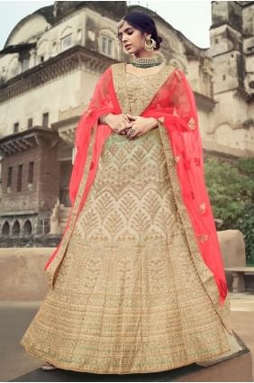 Embroidered Satin Beige Wedding Lehenga Choli with Dupatta LC4617
