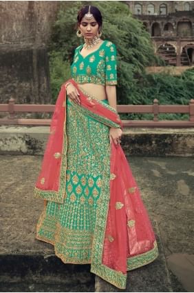 Embroidered Wedding Lehenga Choli in Green Satin LC4618