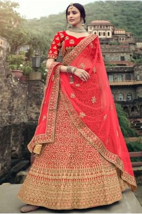 Satin Wedding Lehenga Choli with Embroidered in Red LC4622