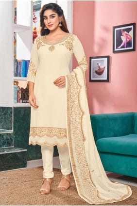 Faux georgette Embroidered Off white Eid Salwar Kameez with Dupatta SK14346