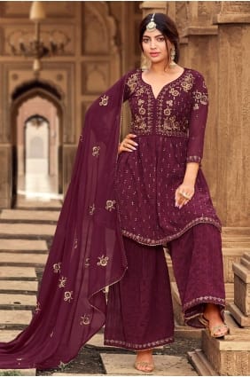 Wine Eid Sharara Suit with Embroidered Georgette SS0639