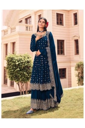 Blue Embroidered Faux georgette Eid Palazzo Suit PZ2664