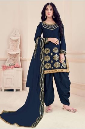 Embroidered Silk Patiala Suit in Blue with Dupatta PS2376