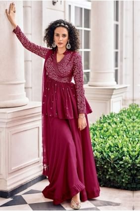 Burgundy Embroidered Georgette and viscose Eid Palazzo Suit PZ2668