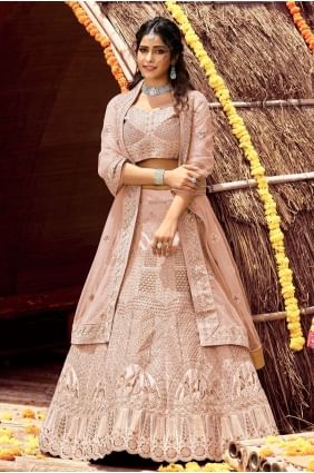 Wedding Lehenga Choli in Peach Velvet with Embroidered LC4711