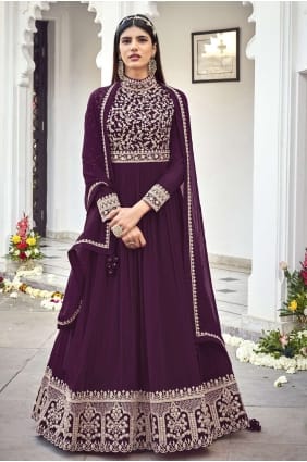 Faux georgette Embroidered Eid Anarkali Suit in Wine AS3014
