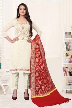 White Chanderi Salwar Kameez in Embroidered SK14446