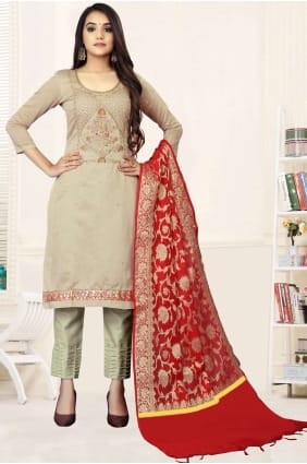 Grey Salwar Kameez with Embroidered Chanderi SK14447