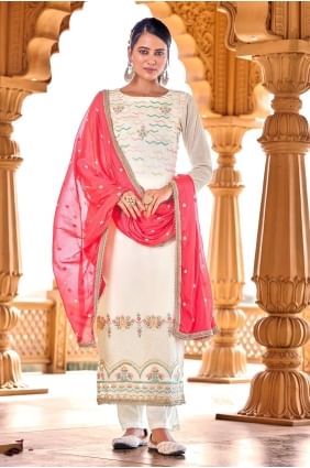 Georgette,viscose and bemberg eid pakistani salwar kameez in White with Embroidered SK14452
