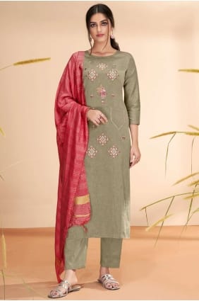 Eid Salwar Kameez in Khaki Cotton with Embroidered SK14466