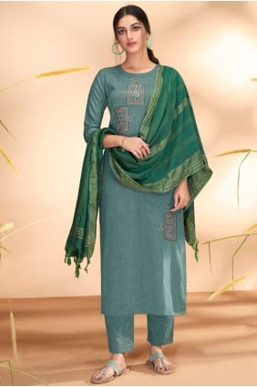 Embroidered Cotton Eid Salwar Kameez in Teal blue with Dupatta SK14467