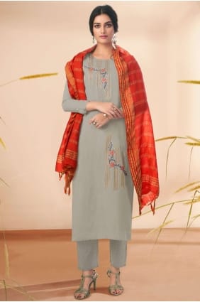 Embroidered Cotton Eid Salwar Kameez in Grey with Dupatta SK14468