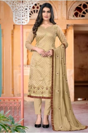Chanderi Salwar Kameez in Beige with Embroidered SK14493