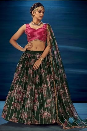 Party Lehenga Choli in Green Organza with Digital print LC4937