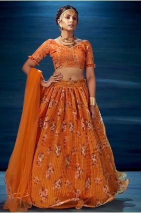 Organza Party Lehenga Choli with Digital print in Orange LC4938