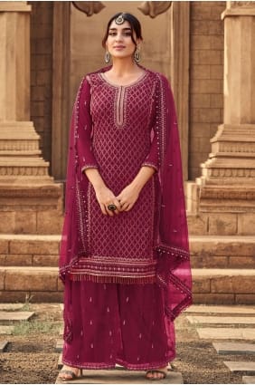 Eid Palazzo Suit in Burgundy Georgette with Embroidered PZ2754