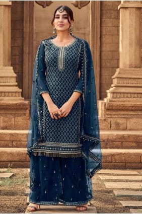 Teal Embroidered Eid Palazzo Suit in Georgette PZ2755