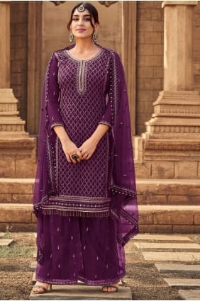 Georgette Embroidered Eid Palazzo Suit in Wine with Dupatta PZ2756
