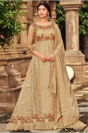 Brown Net Embroidered Eid Anarkali Suit with Dupatta AS3091