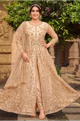 Embroidered Eid Anarkali Suit in Peach Net AS3094