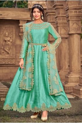 Eid Anarkali Suit in Sea green Silk with Stone with moti AS3095