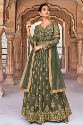 Net Embroidered Olive Eid Anarkali Suit with Dupatta AS3049