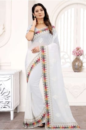 Embroidered Georgette Saree in White SR21908