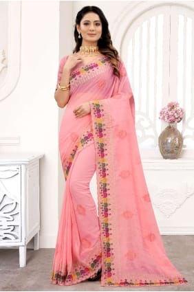 Embroidered Georgette Saree in Peach with Blouse SR21913