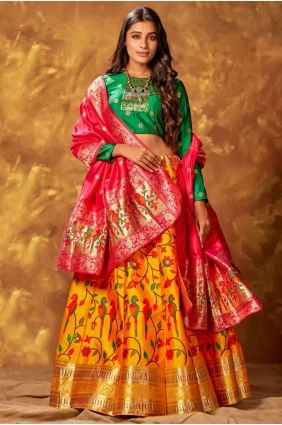 Weaving Party Lehenga Choli in Yellow Silk LC5449