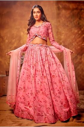 Printed Organza Lehenga Choli in Pink LC5545