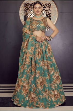 Organza Green Party Lehenga Choli in Printed LC5457