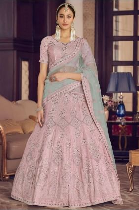 Crepe Party Lehenga Choli in Peach with Embroidered LC5484