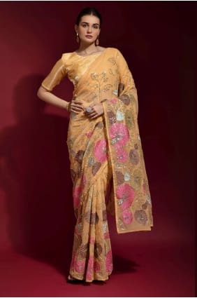 Saree with Embroidered Mustard Georgette SR22342