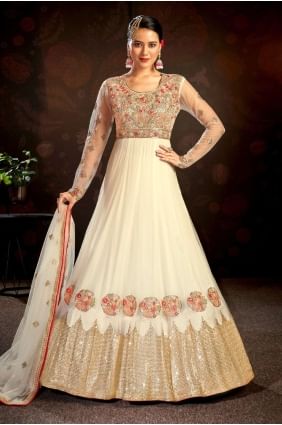 Embroidered Net Cream Anarkali Suit with Dupatta AS3223