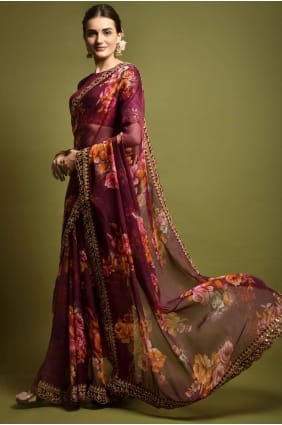 Georgette Saree in Wine with Embroidered,printed SR22401