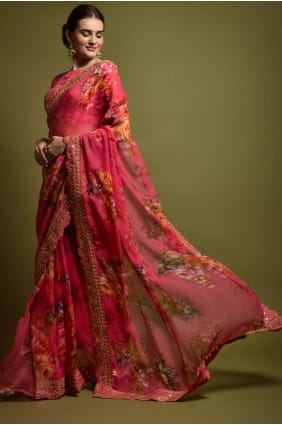 Pink Saree in Embroidered,printed Georgette SR22402