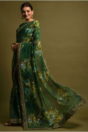 Embroidered,printed Georgette Green Saree with Blouse SR22403